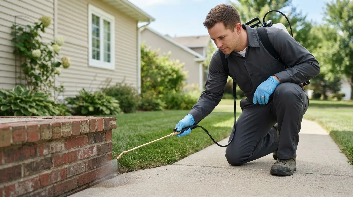 Pest control technician treating a home near Maud, OK