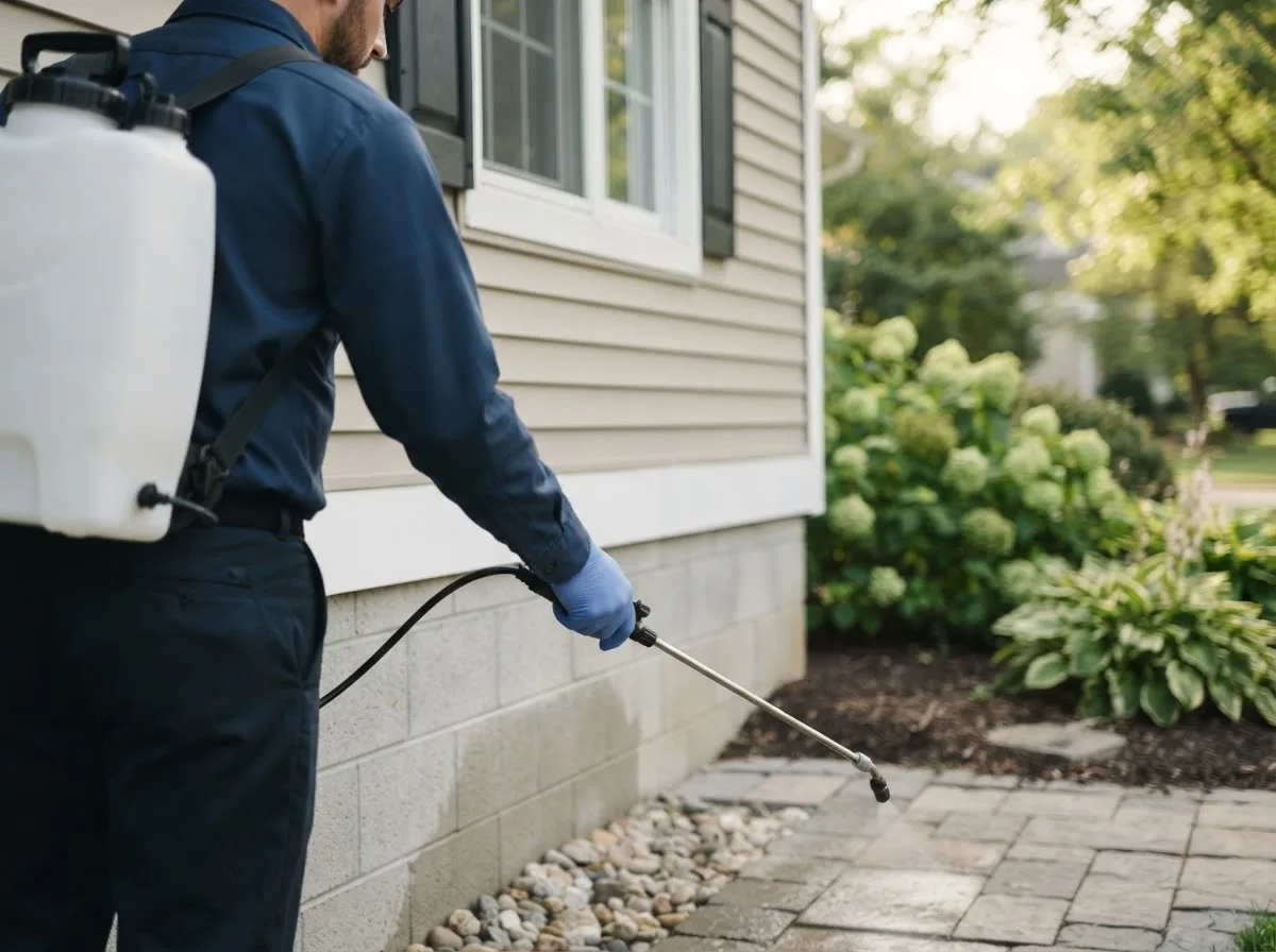 Pest control technician inspecting a home in Maud, OK
